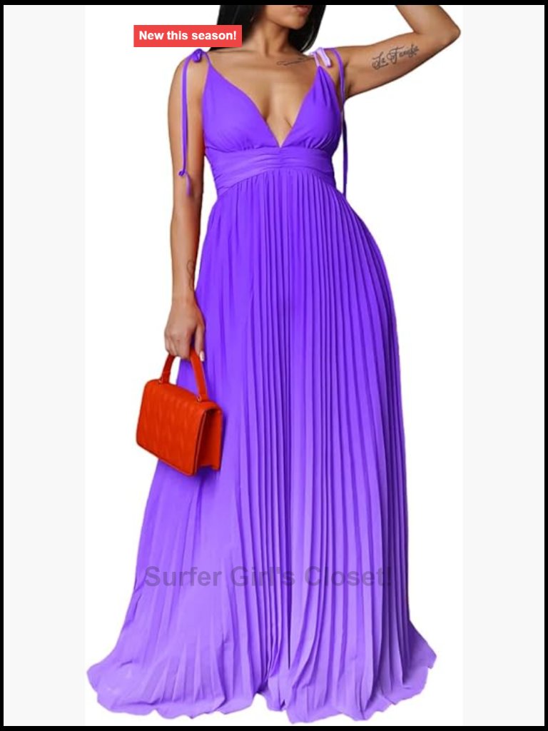 Women Maxi Dress V-Neck Pleated A-Line Halter Sleeveless Backless Gradient